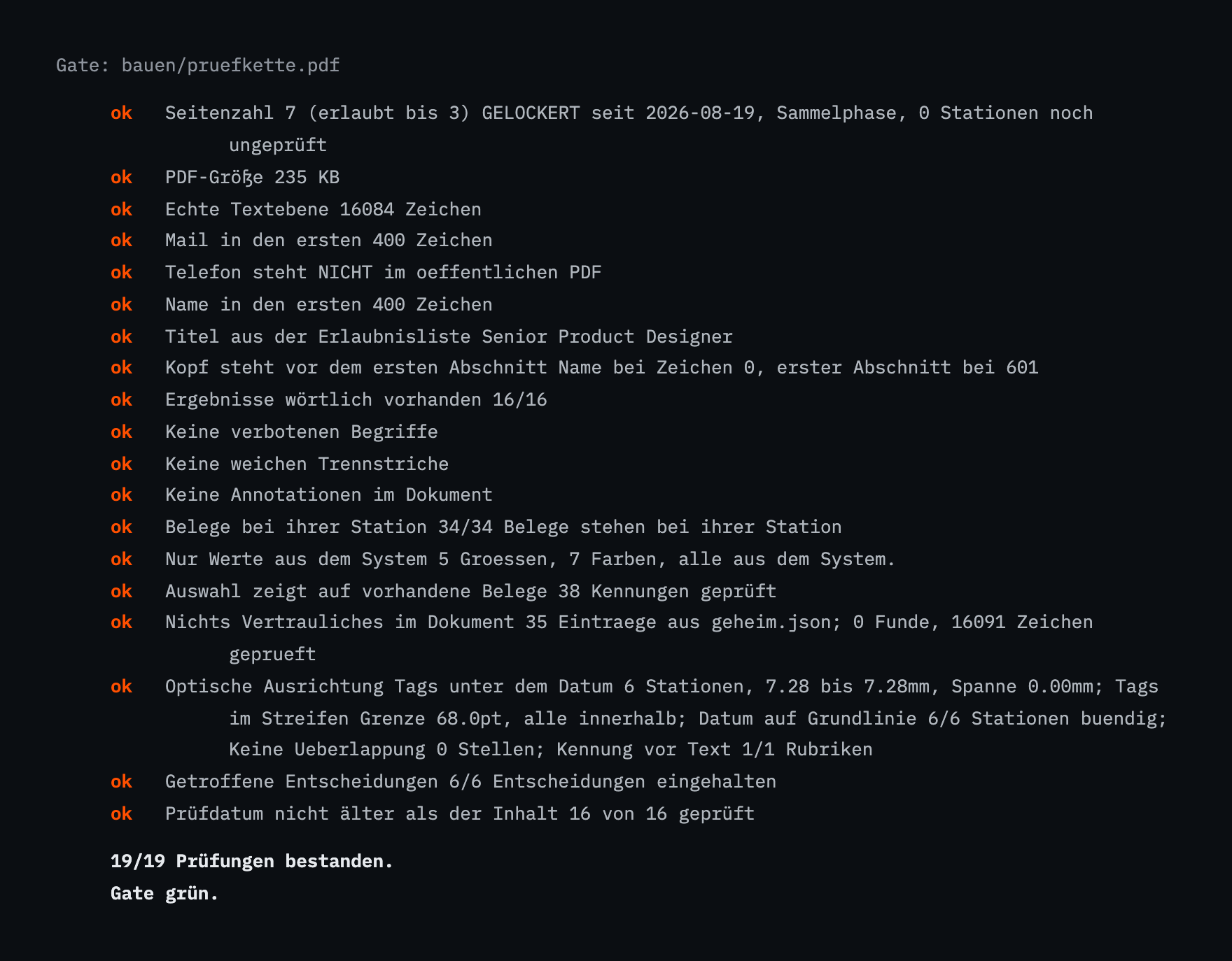 Ausgabe der Prüfkette: neunzehn Prüfungen, alle bestanden